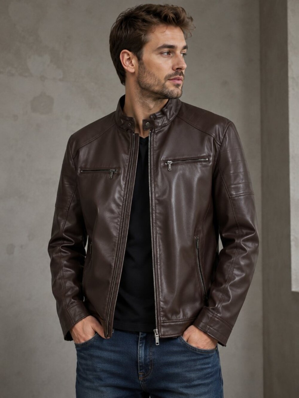 Men’s Brown Faux Leather Moto Jacket Stand Collar Zip Slim Fit S/M